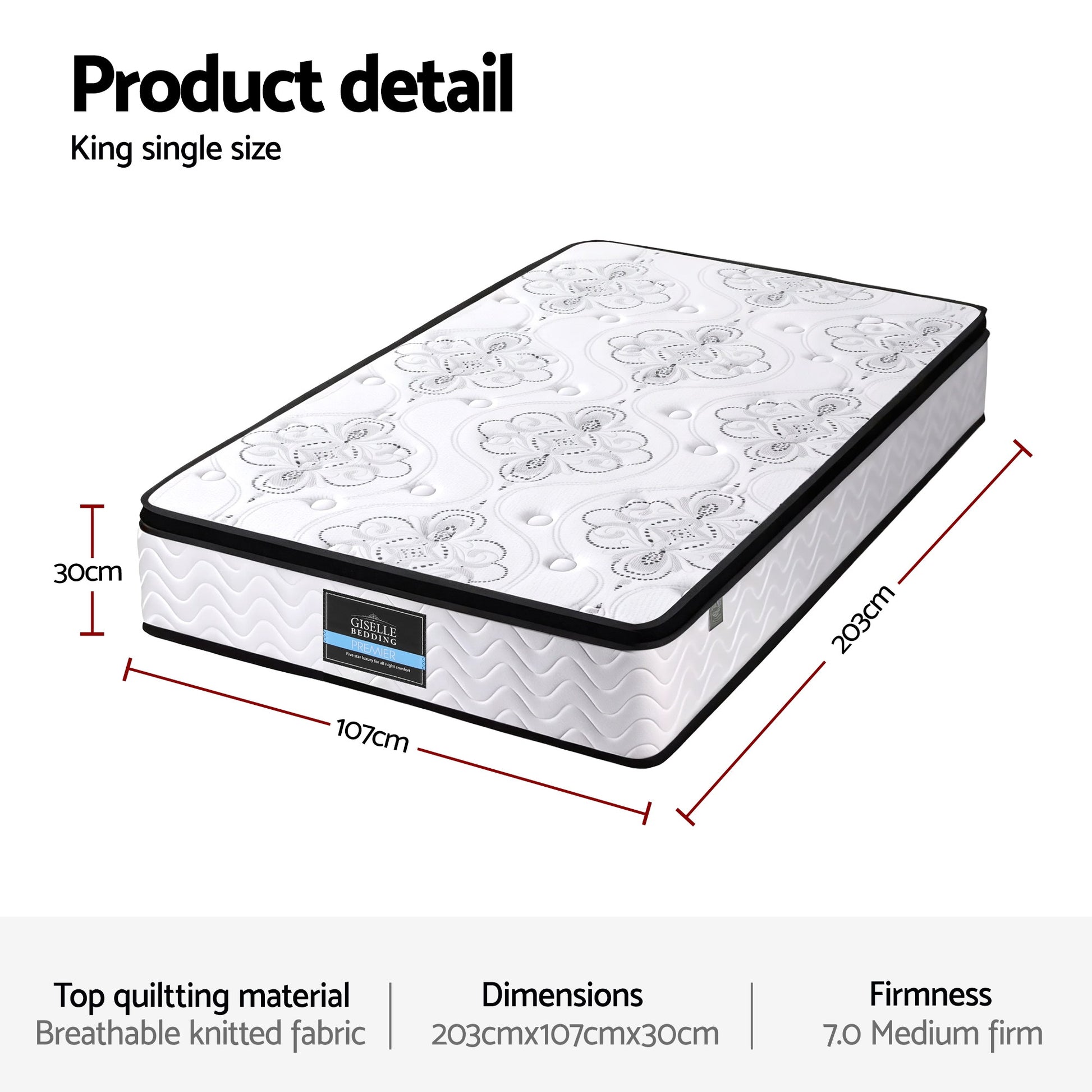 Giselle Bedding King Single Mattress 30cm Pocket Spring Euro Top Medium Firm Foam MATTRESS-E-VERVE-30-KS