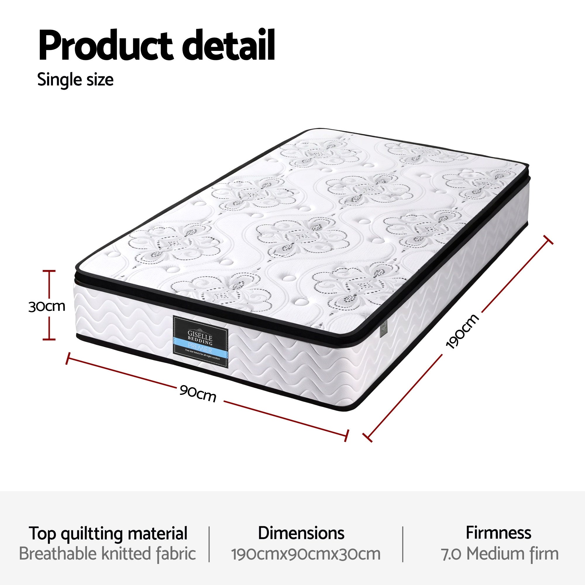 Giselle Bedding Single Mattress 30cm Pocket Spring Euro Top Medium Firm Foam