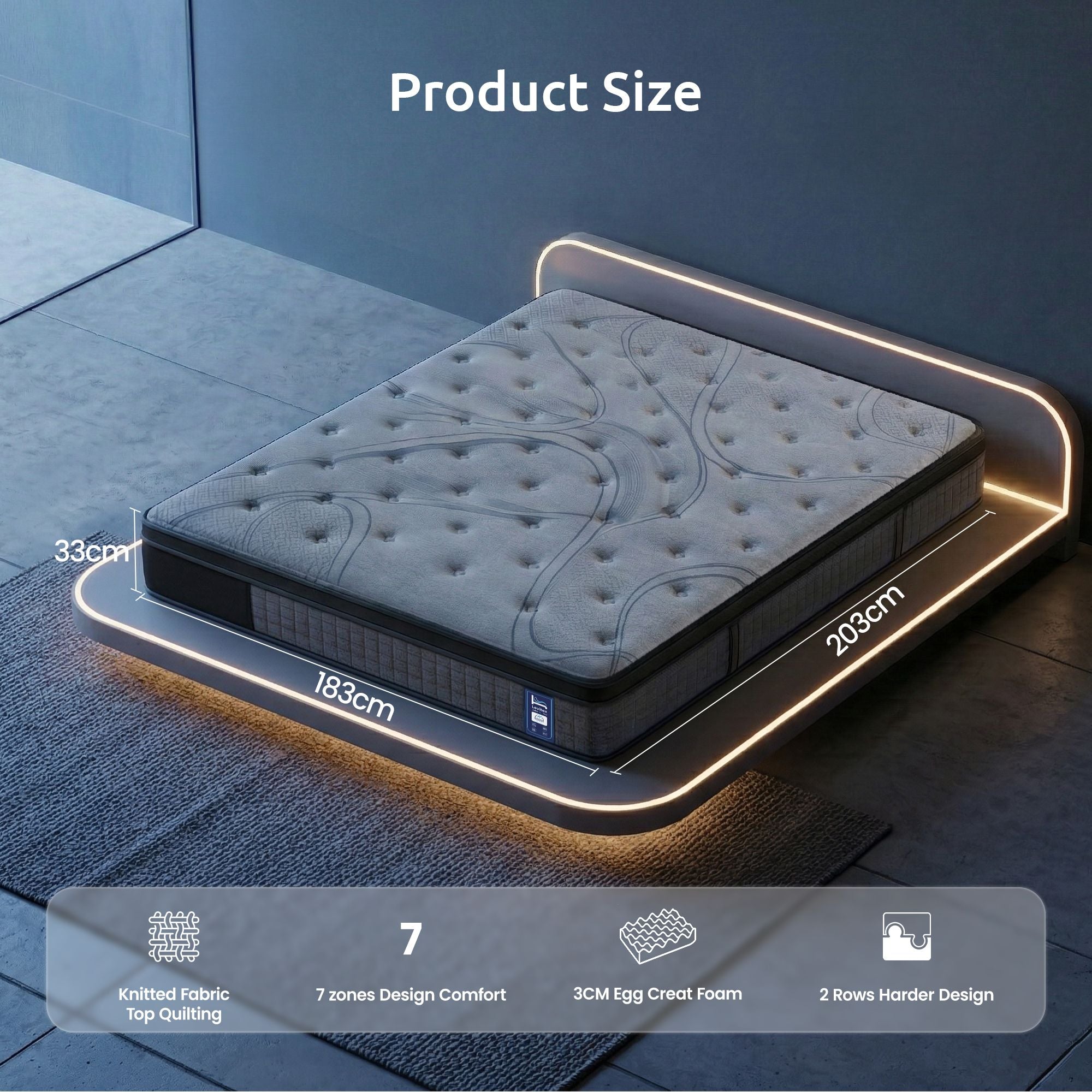 Levitex king Mattress 33 cm 7-Zone Pocket Spring 8.0 Extra Firm with Dual-Row Edge Support & Breathable Knit Cover