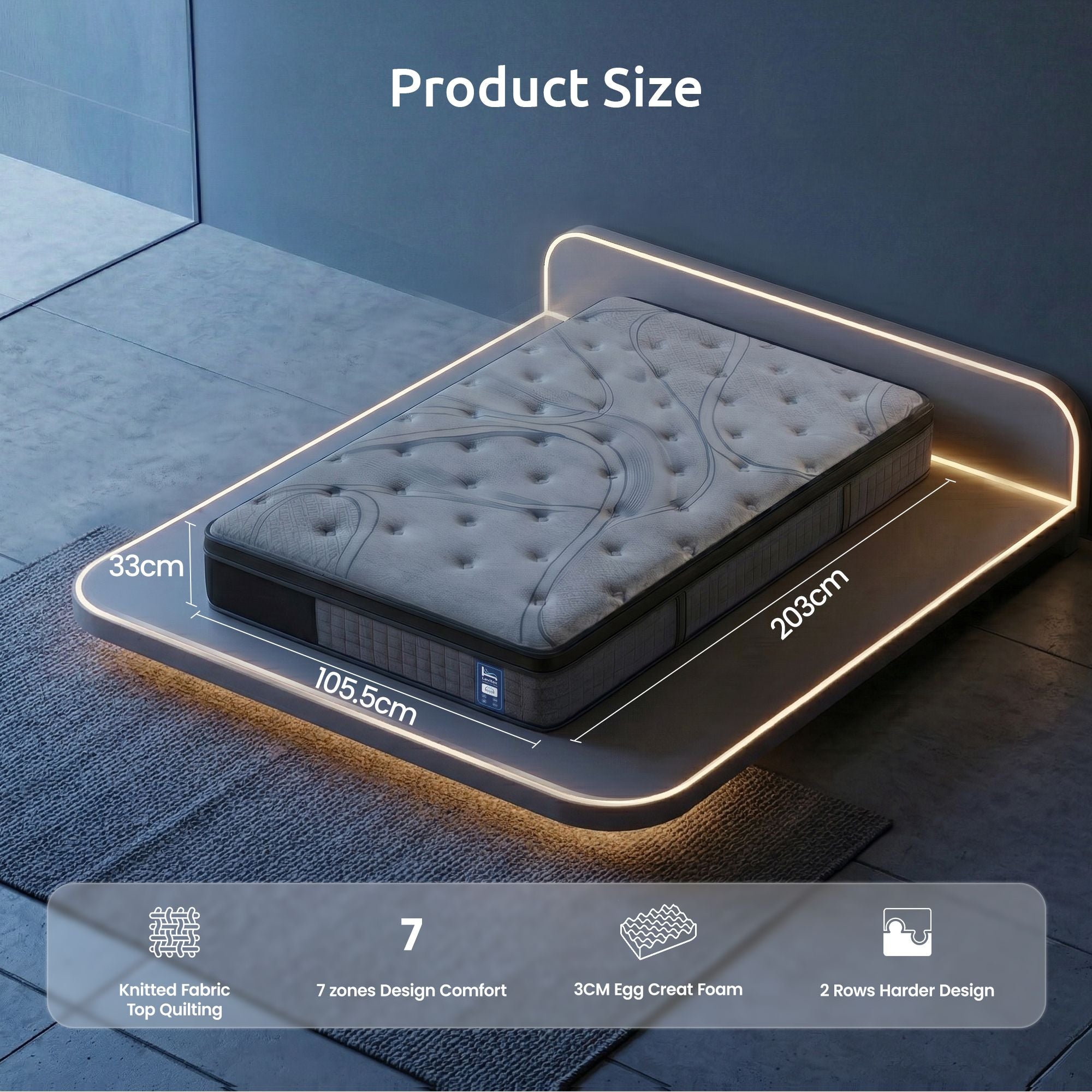 Levitex King Single Mattress 33 cm 7-Zone Pocket Spring 8.0 Extra Firm with Dual-Row Edge Support & Breathable Knit Cover