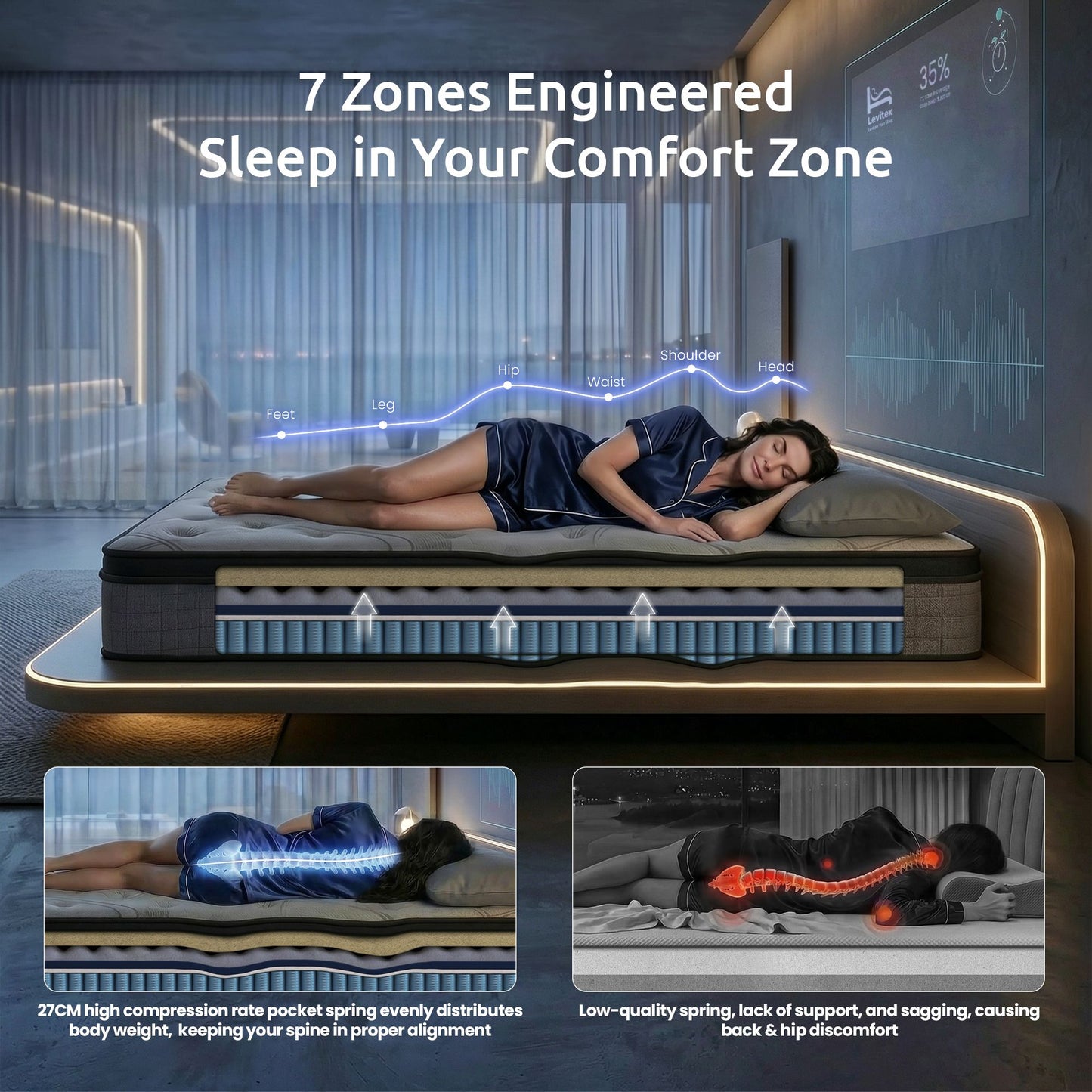 Levitex King Single Mattress 33 cm 7-Zone Pocket Spring 8.0 Extra Firm with Dual-Row Edge Support & MATTRESS-LV-AETHER-33-KS