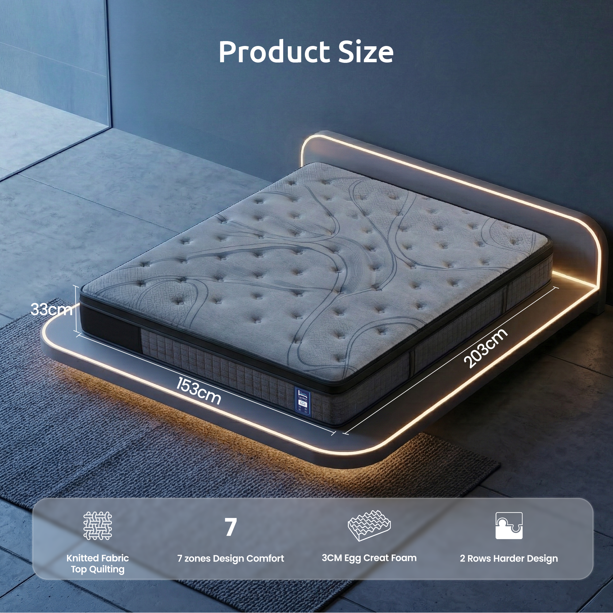 Levitex Queen Mattress 33 cm 7-Zone Pocket Spring 8.0 Extra Firm with Dual-Row Edge Support & Breathable Knit Cover