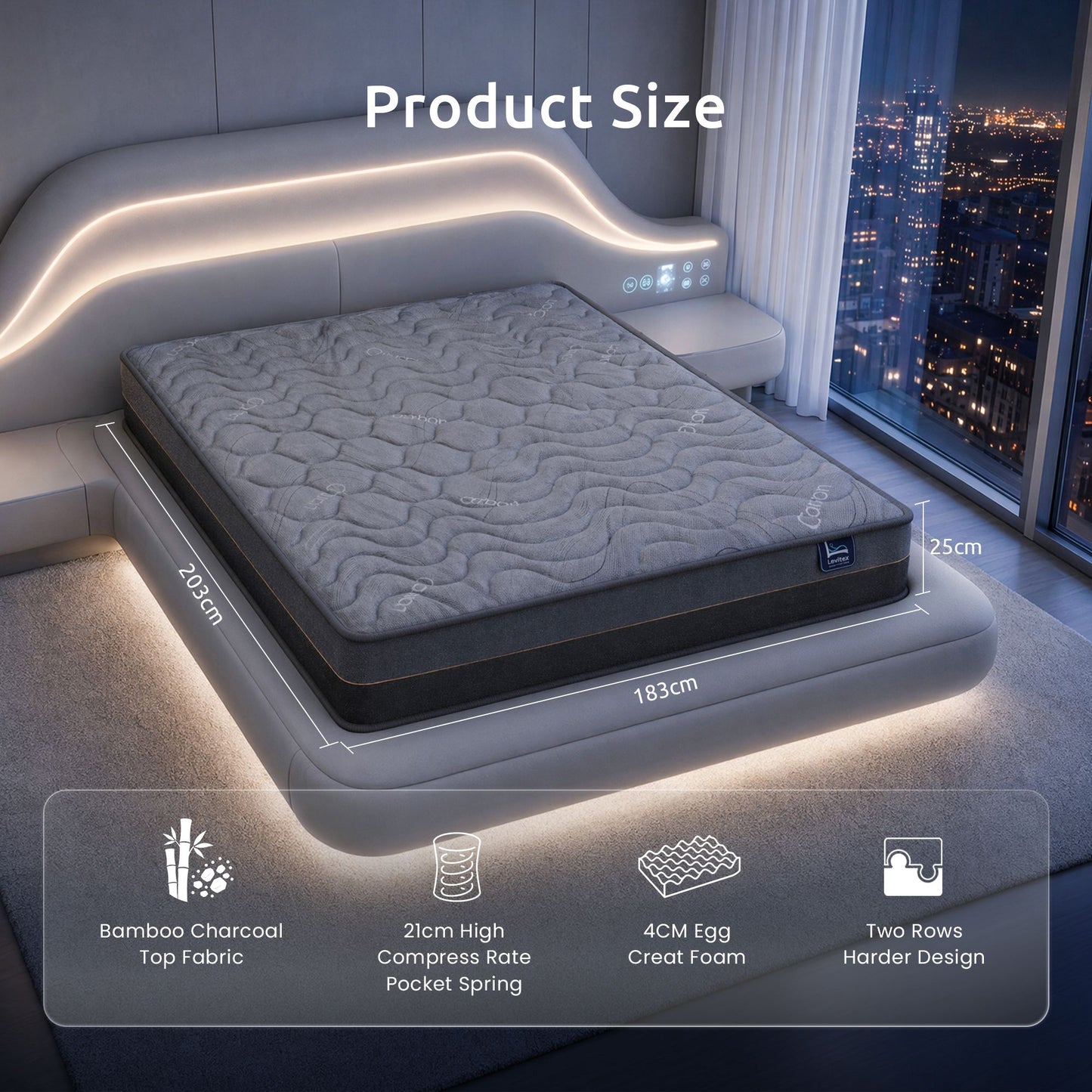 Levitex King Mattress 25 cm Hybrid Pocket Spring with 4cm Egg Crate Foam for Deep Sleep Bamboo Charcoal Fabric MATTRESS-LV-LUMINA-25-K