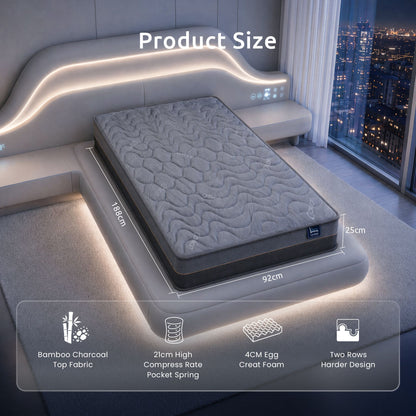 Levitex Single Mattress 25 cm Hybrid Pocket Spring with 4cm Egg Crate Foam for Deep Sleep Bamboo Charcoal MATTRESS-LV-LUMINA-25-S