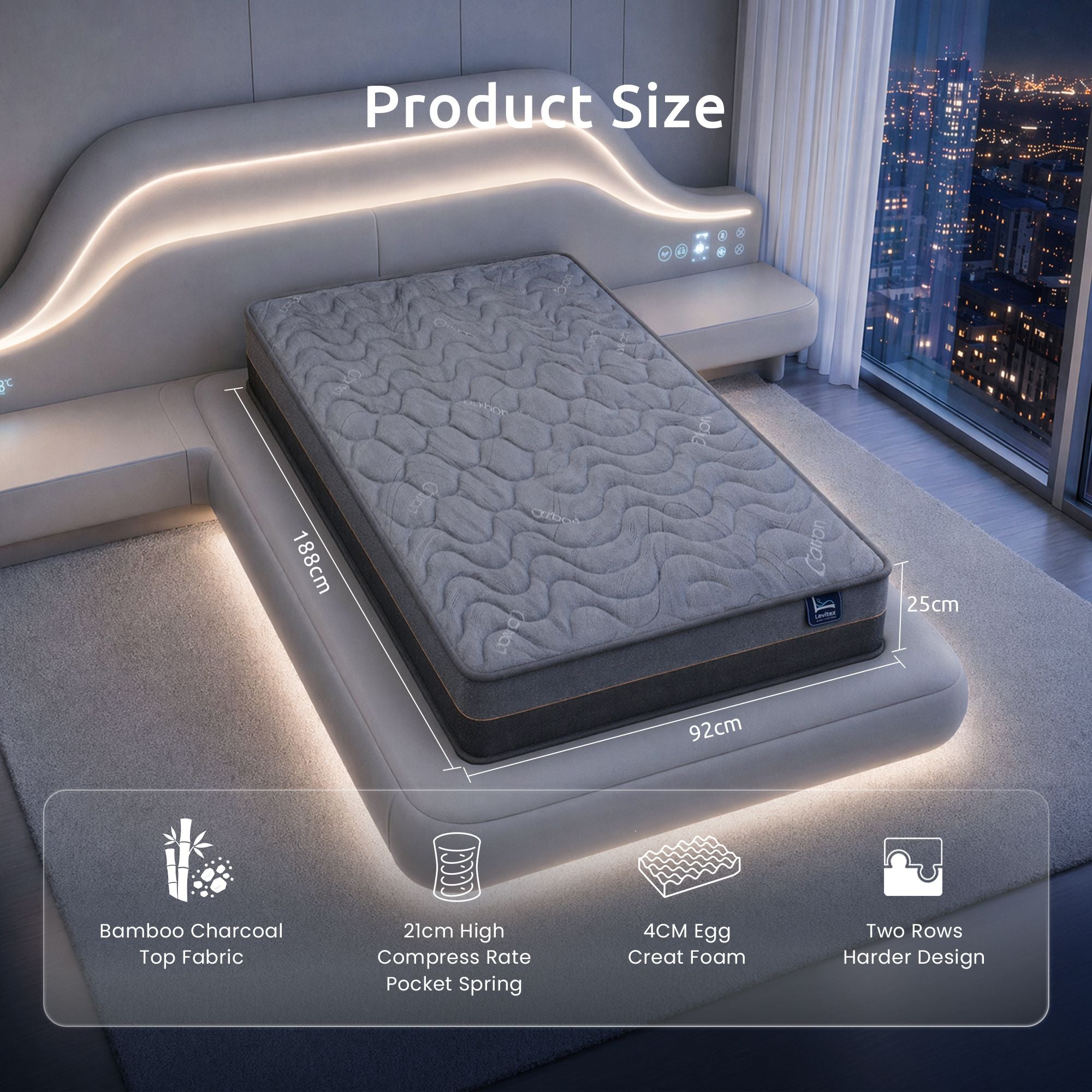 Levitex Single Mattress 25 cm Hybrid Pocket Spring with 4cm Egg Crate Foam for Deep Sleep Bamboo Charcoal Fabric