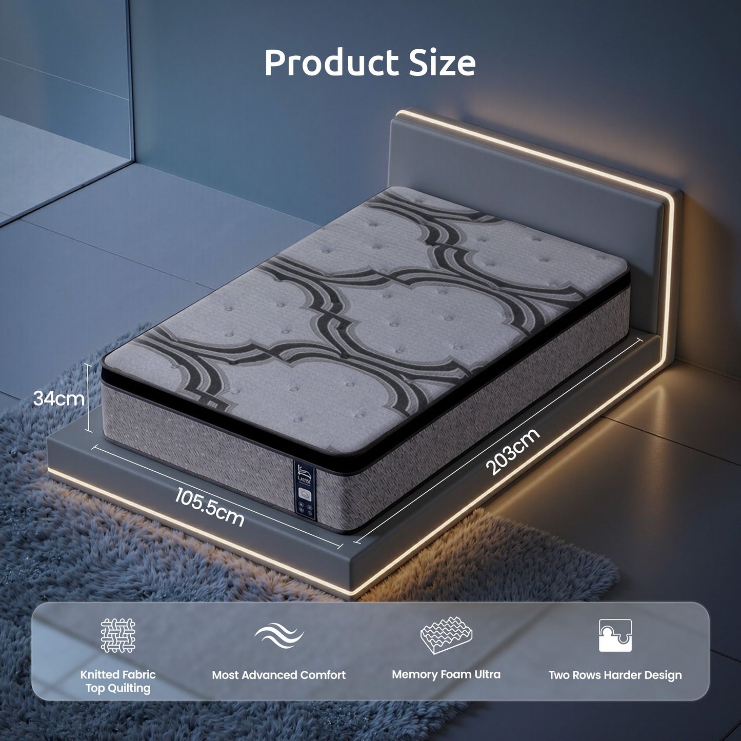 Levitex King Single Mattress 34 cm 5-Zone Pocket Spring with Latex & Memory Foam or Extra Lumbar & Shoulder MATTRESS-LV-VELA-34-KS