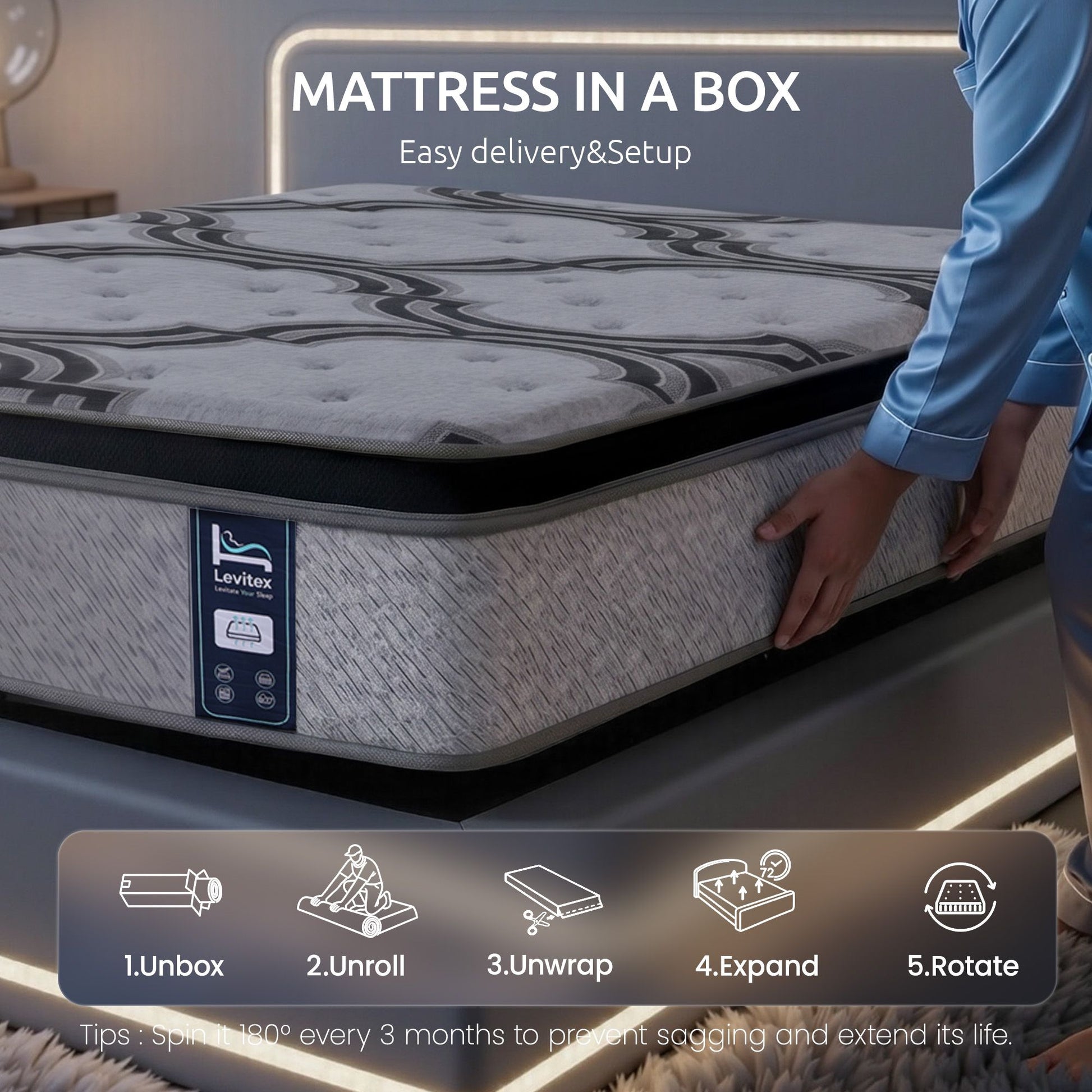 Levitex King Single Mattress 34 cm 5-Zone Pocket Spring with Latex & Memory Foam or Extra Lumbar & Shoulder MATTRESS-LV-VELA-34-KS