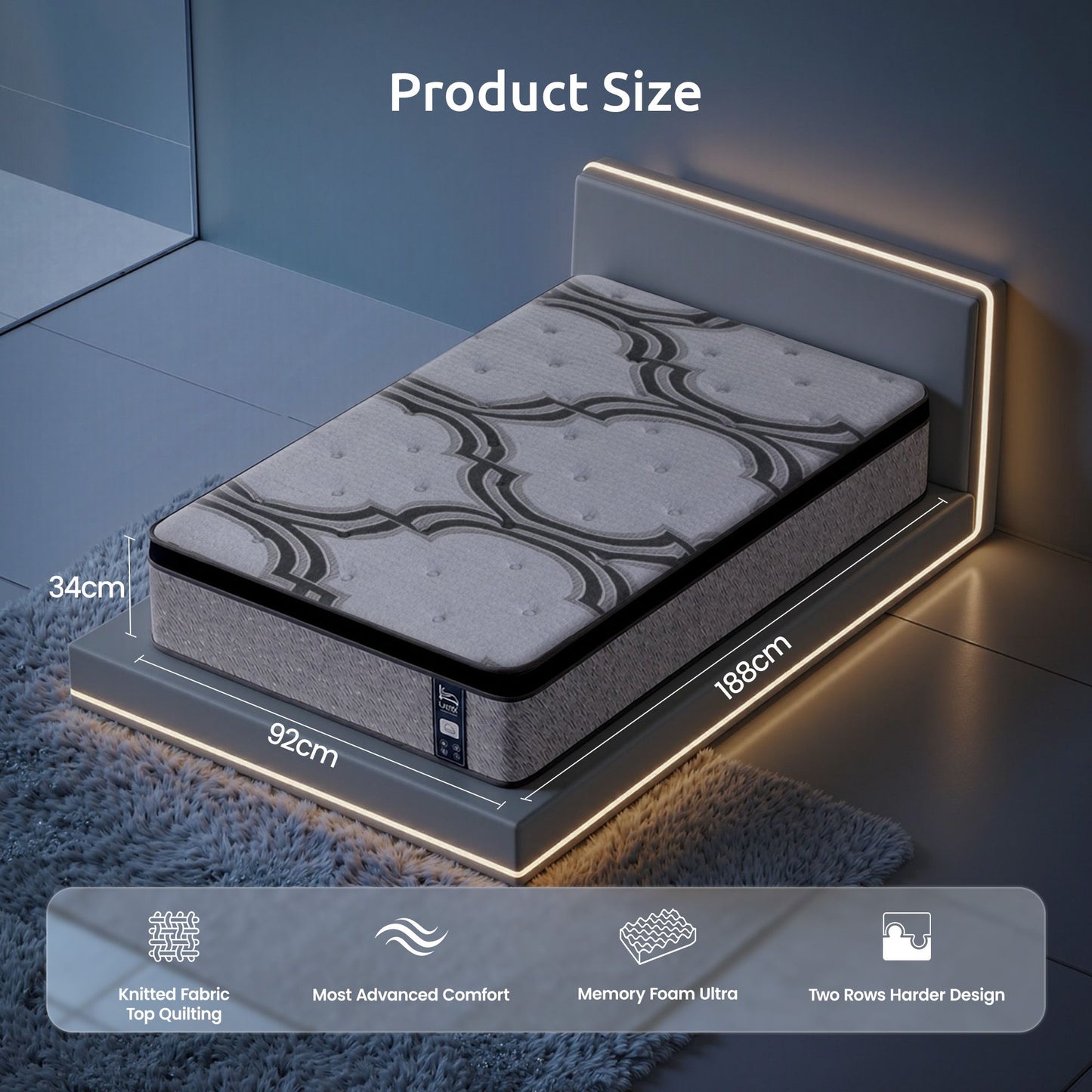 Levitex Single Mattress 34 cm 5-Zone Pocket Spring with Latex & Memory Foam or Extra Lumbar & Shoulder Support MATTRESS-LV-VELA-34-S