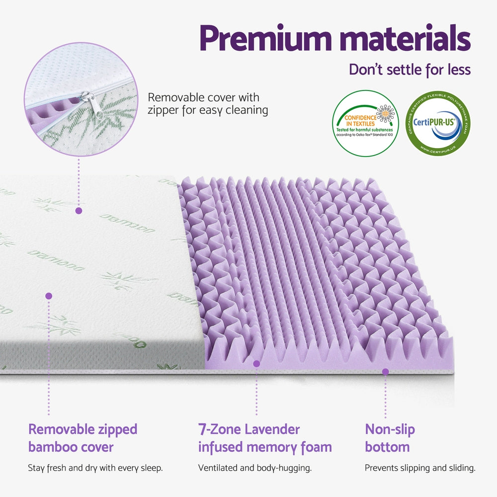 Giselle 8cm Memory Foam Mattress Topper Lavender Infused Bamboo Cover 7-Zone Single MATTRESS-TOP-7Z-8LA-S