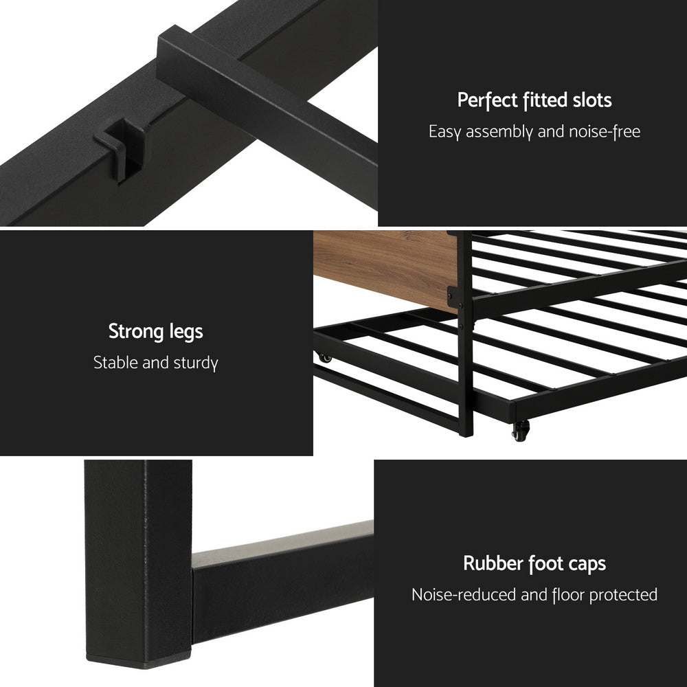 Artiss Bed Frame 2x Single Size Metal Trundle Daybed DEAN MBED-C-DEAN-S-BK-AB