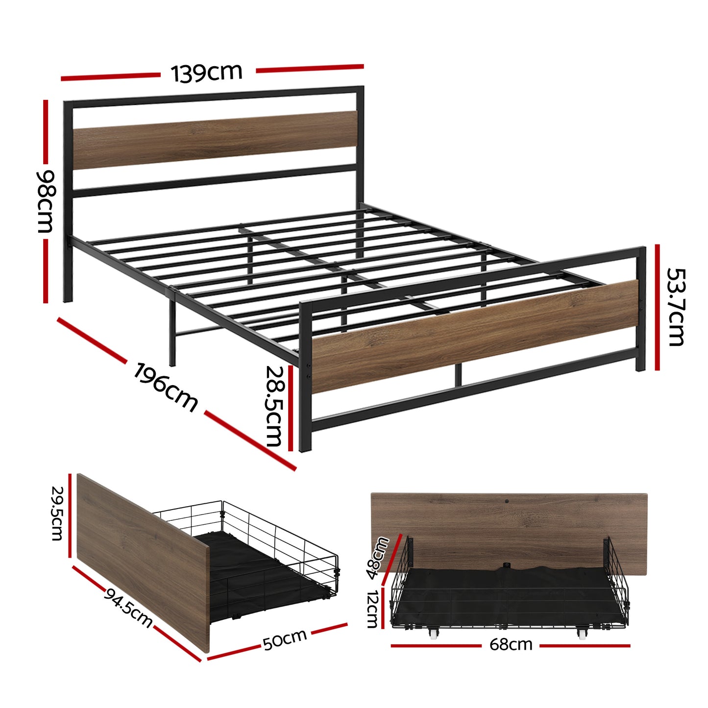 Artiss Bed Frame Double Size Metal Frame with 2 Drawers DREW MBED-C-DREW-D-DRAW