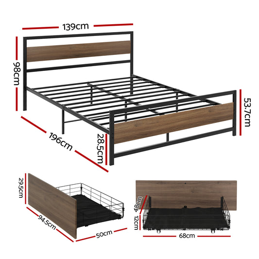Artiss Bed Frame Double Size Metal Frame with 2 Drawers DREW MBED-C-DREW-D-DRAW