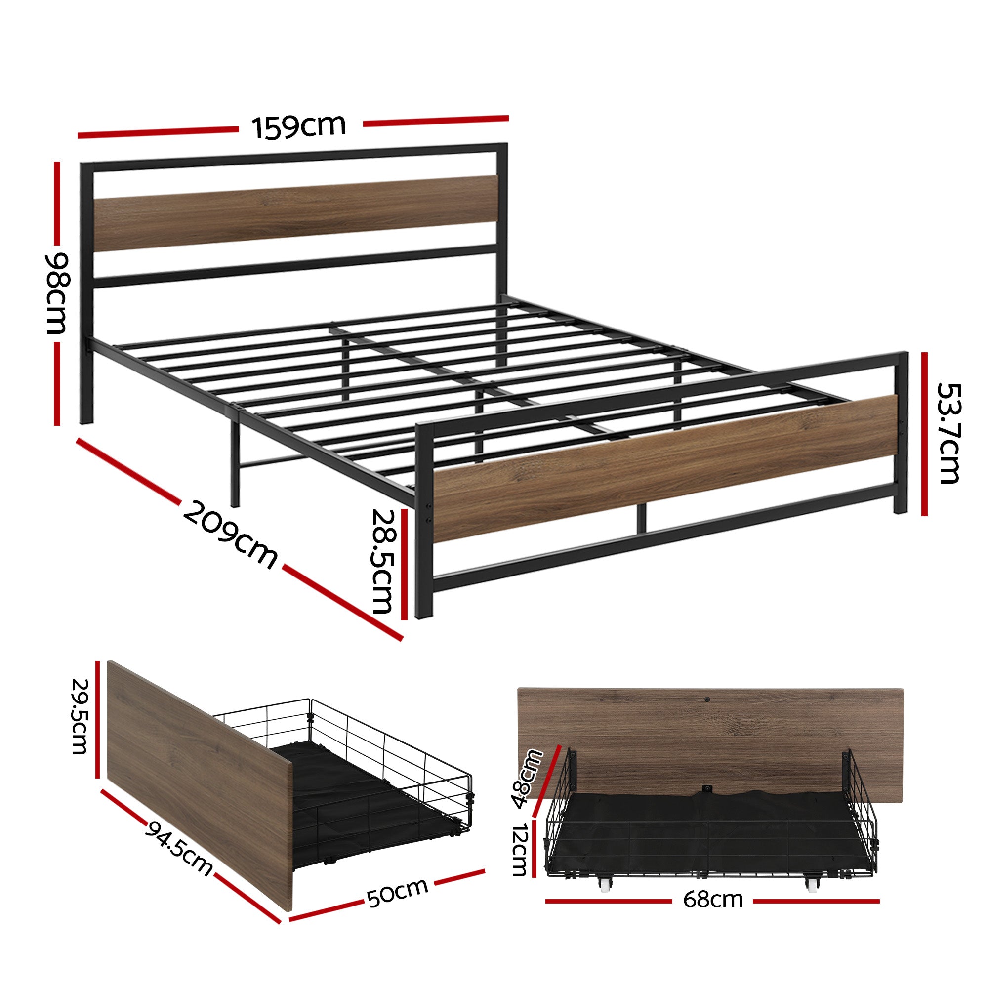 Artiss DREW Queen Metal Bed Frame with 2 Drawers