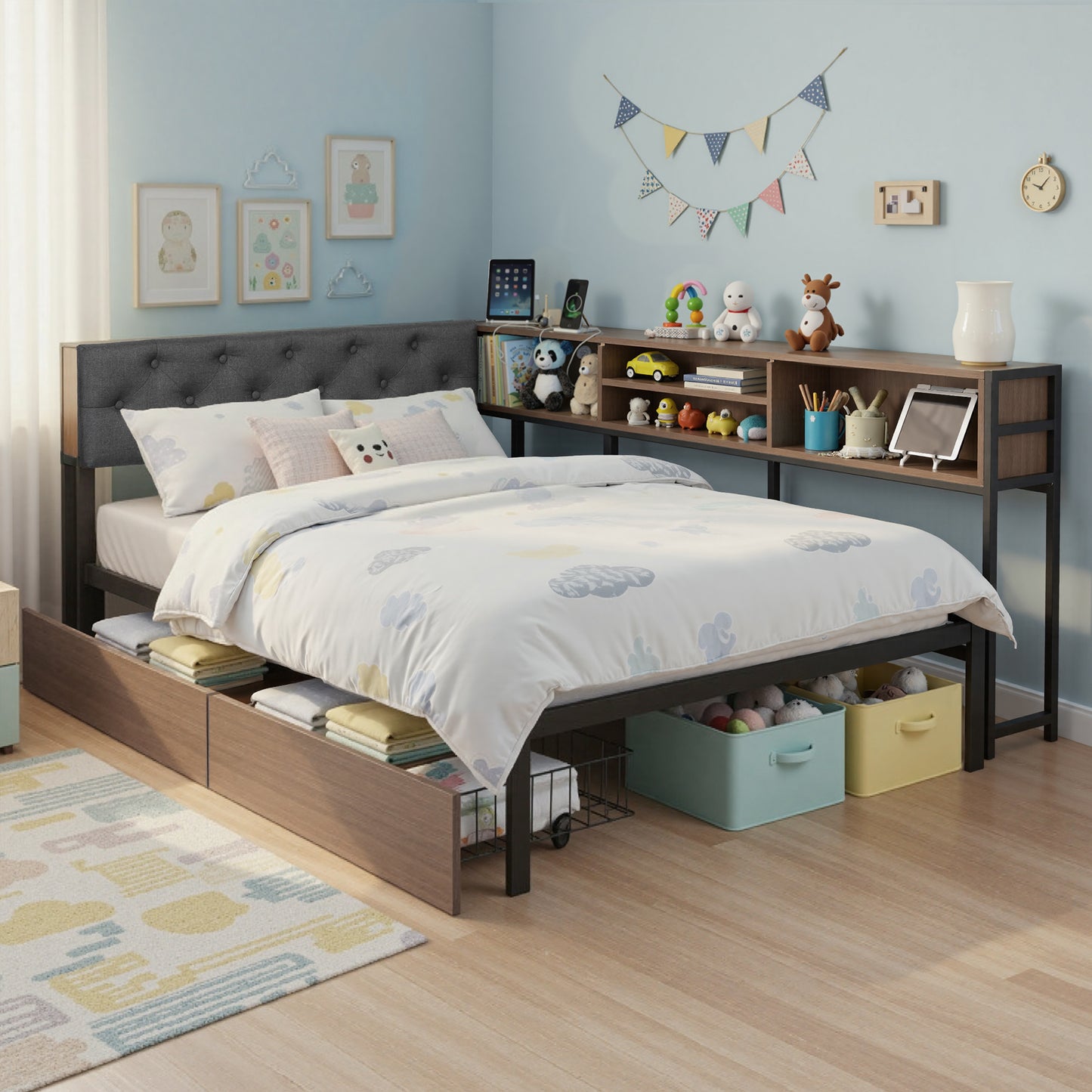 Artiss Bed Frame King Single Size with 2 Drawers and Charging Station Metal Corner Bed Base MBED-C-LSHA-KS-ABC