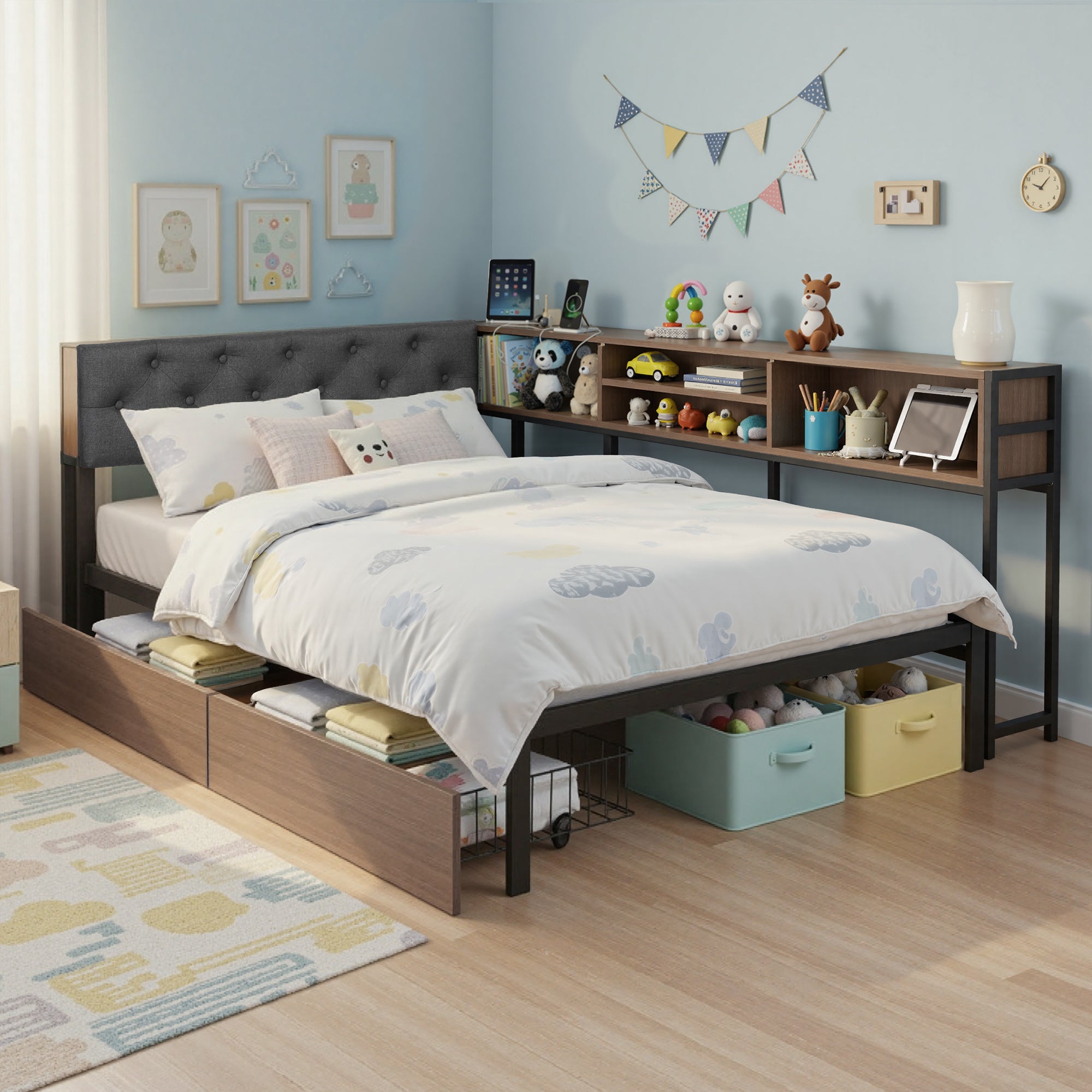 Artiss Bed Frame King Single Size with 2 Drawers and Charging Station Metal Corner Bed Base MBED-C-LSHA-KS-ABC