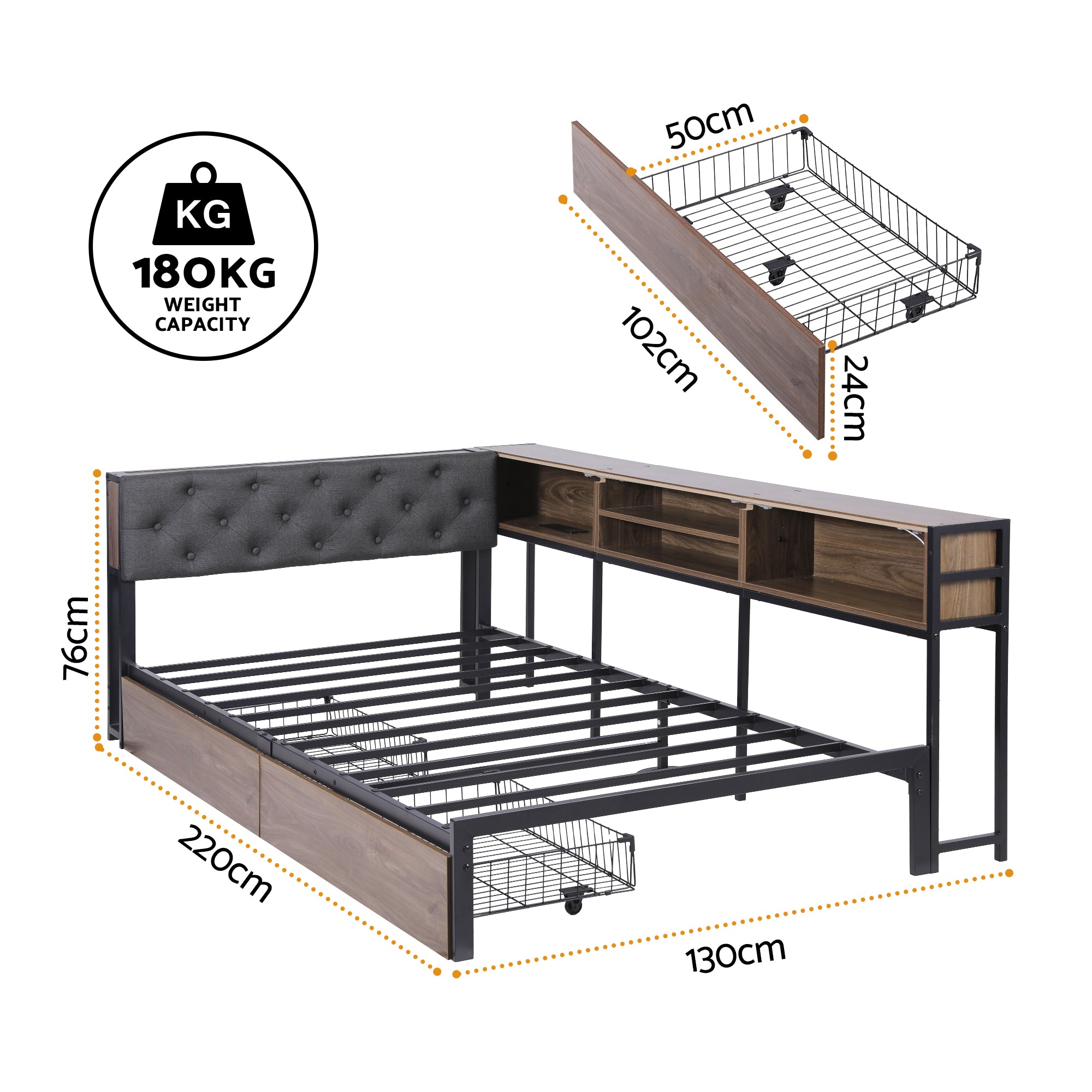 Artiss Bed Frame King Single Size with 2 Drawers and Charging Station Metal Corner Bed Base MBED-C-LSHA-KS-ABC