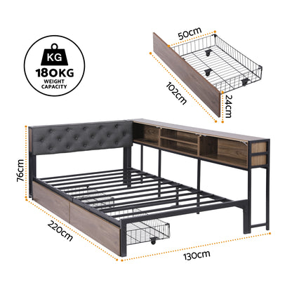 Artiss Bed Frame King Single Size with 2 Drawers and Charging Station Metal Corner Bed Base MBED-C-LSHA-KS-ABC