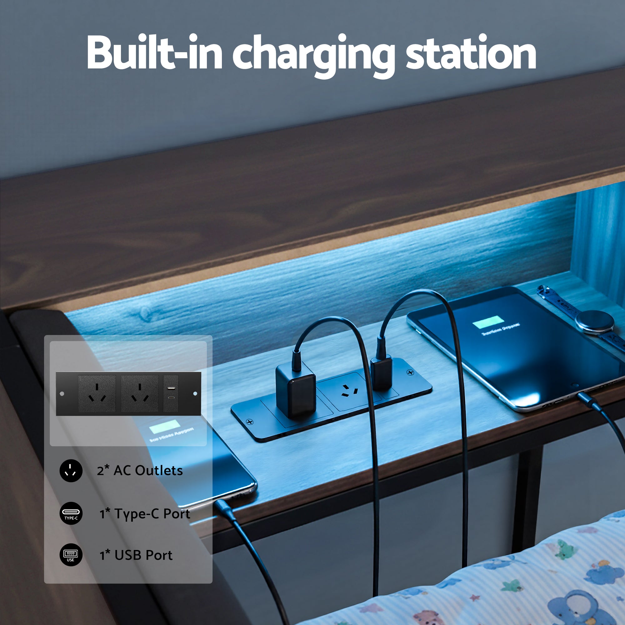 Artiss Bed Frame King Single Size with 2 Drawers and Charging Station Metal Corner Bed Base MBED-C-LSHA-KS-ABC