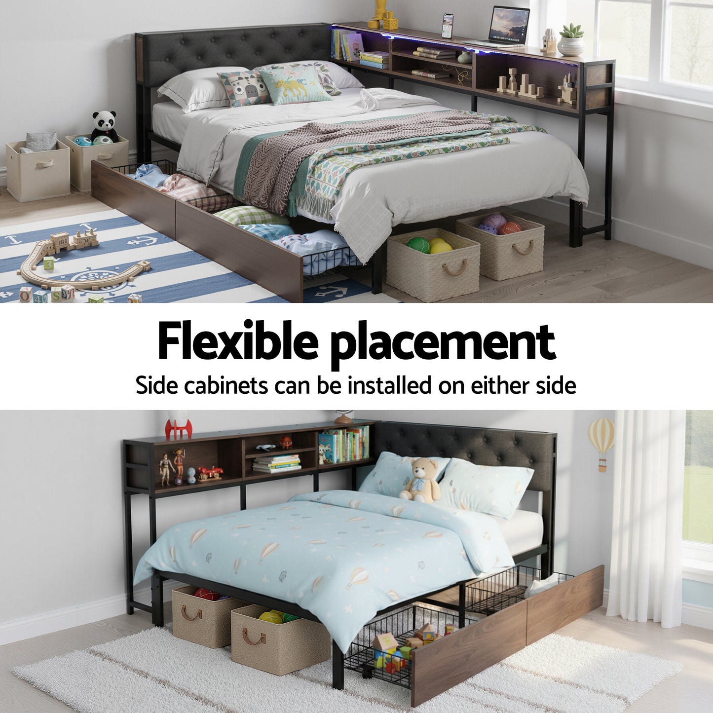 Artiss Bed Frame King Single Size with 2 Drawers and Charging Station Metal Corner Bed Base MBED-C-LSHA-KS-ABC