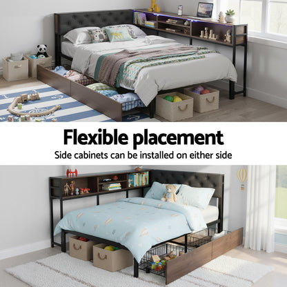 Artiss Bed Frame King Single Size with 2 Drawers and Charging Station Metal Corner Bed Base MBED-C-LSHA-KS-ABC