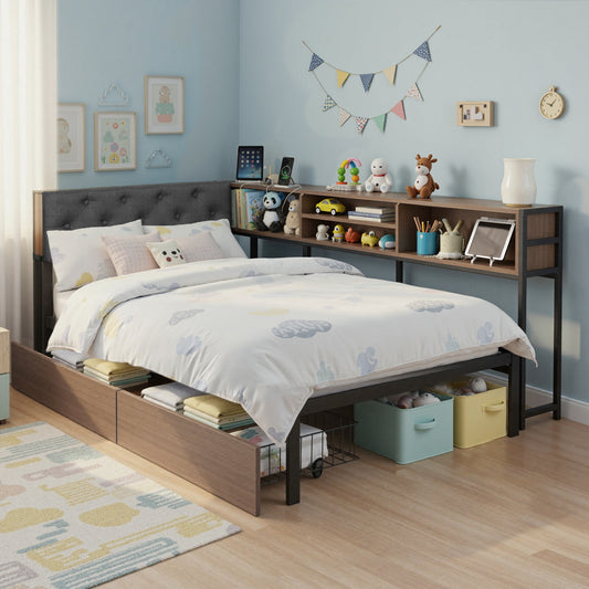 Artiss Bed Frame Single Size with 2 Drawers and Charging Station Metal Corner Bed Base MBED-C-LSHA-S-ABC
