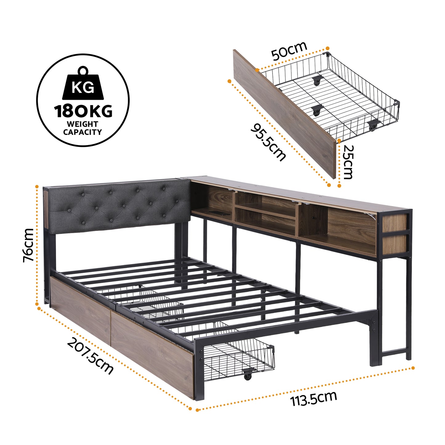 Artiss Bed Frame Single Size with 2 Drawers and Charging Station Metal Corner Bed Base MBED-C-LSHA-S-ABC