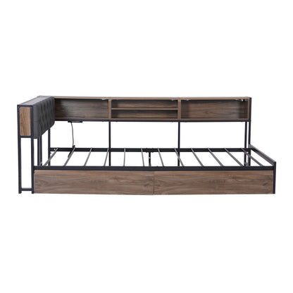 Artiss Bed Frame Single Size with 2 Drawers and Charging Station Metal Corner Bed Base MBED-C-LSHA-S-ABC