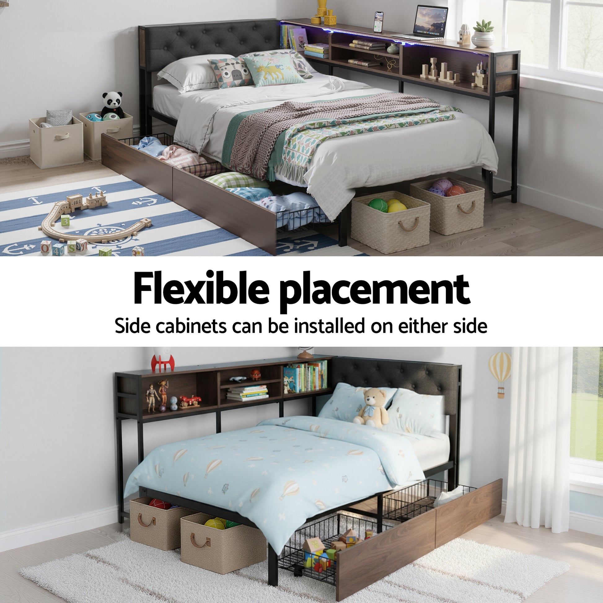 Artiss Bed Frame Single Size with 2 Drawers and Charging Station Metal Corner Bed Base MBED-C-LSHA-S-ABC
