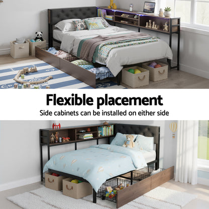 Artiss Bed Frame Single Size with 2 Drawers and Charging Station Metal Corner Bed Base MBED-C-LSHA-S-ABC