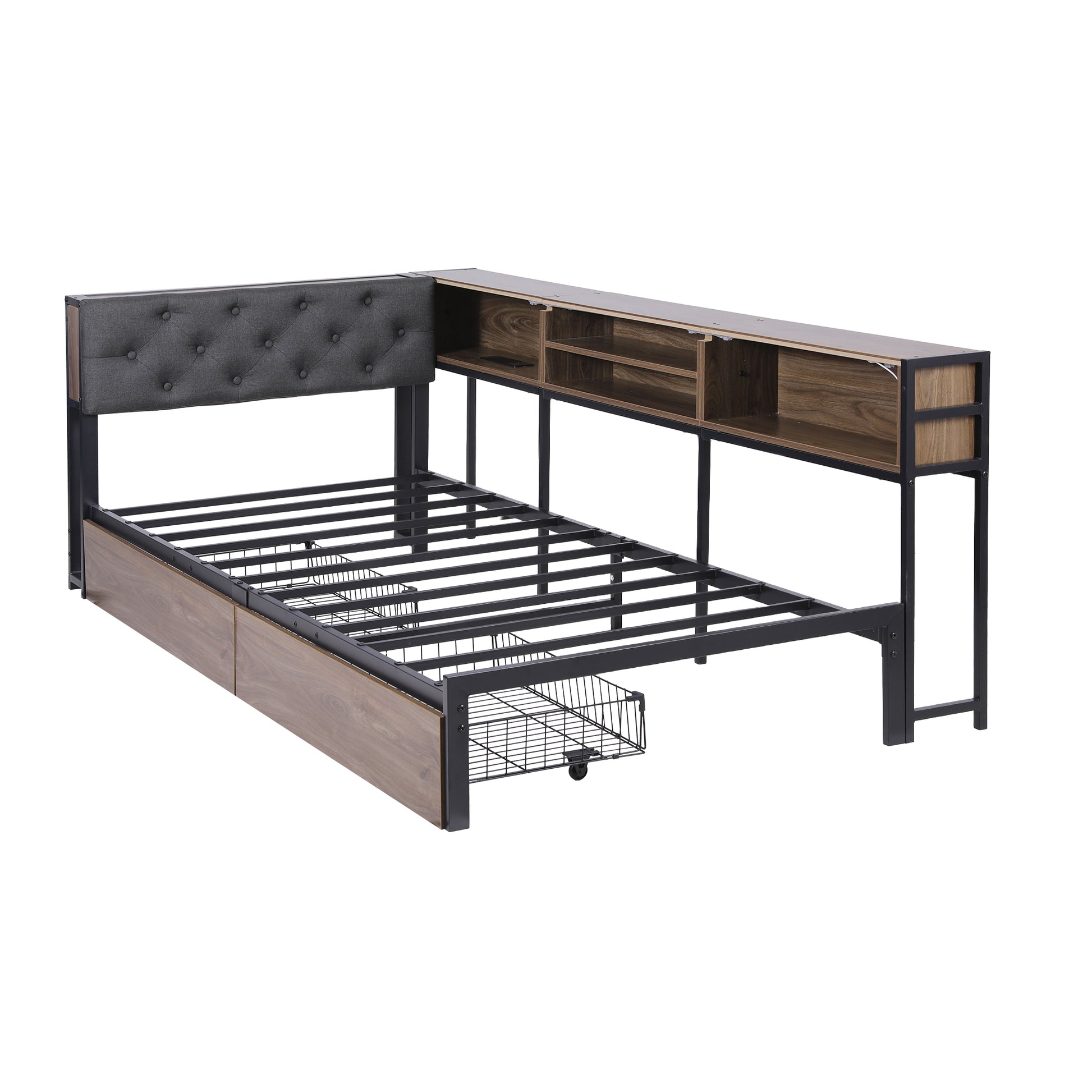 Artiss Bed Frame Single Size with 2 Drawers and Charging Station Metal Corner Bed Base MBED-C-LSHA-S-ABC