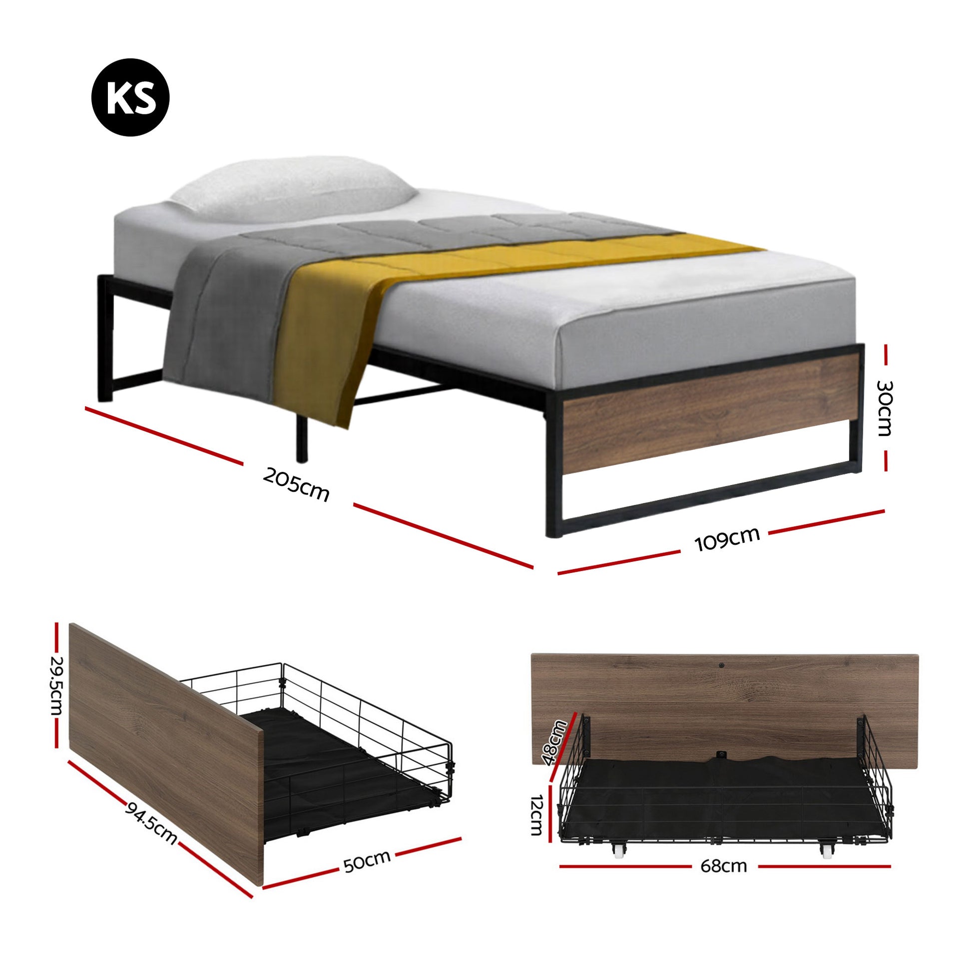 Artiss Bed Frame Metal Frame King Single Bed Base 2 Drawers OSLO MBED-C-OSLO-KS-DRAW