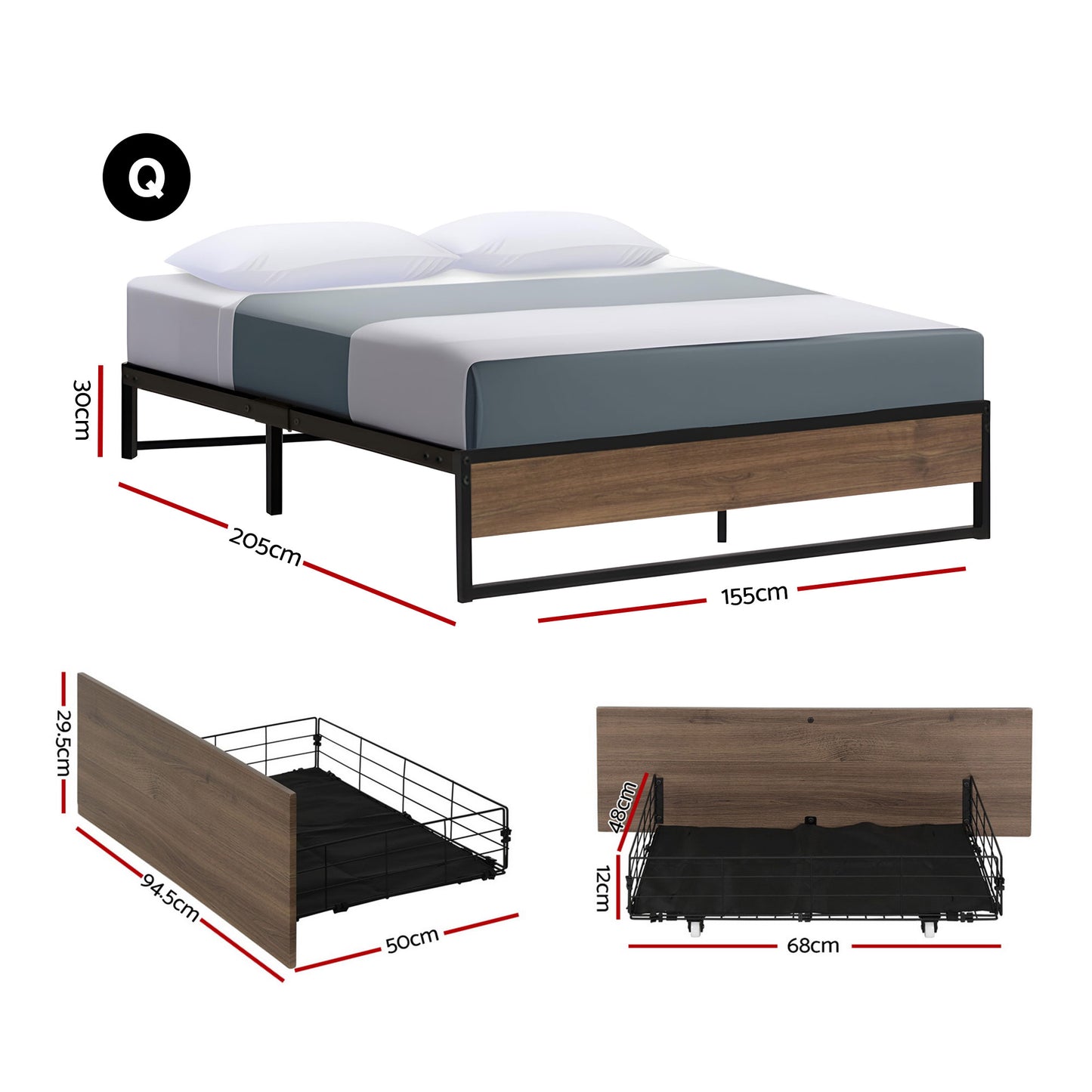 Artiss Bed Frame Metal Frame Queen Size Bed Base 2 Drawers OSLO MBED-C-OSLO-Q-DRAW