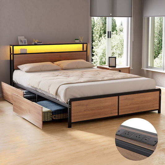 Artiss Metal Bed Frame Double Size with 2-Tier Storage Headboard Metal Platform with 4 Storage Drawers Built MBED-C-SKY-D-BK-ABC