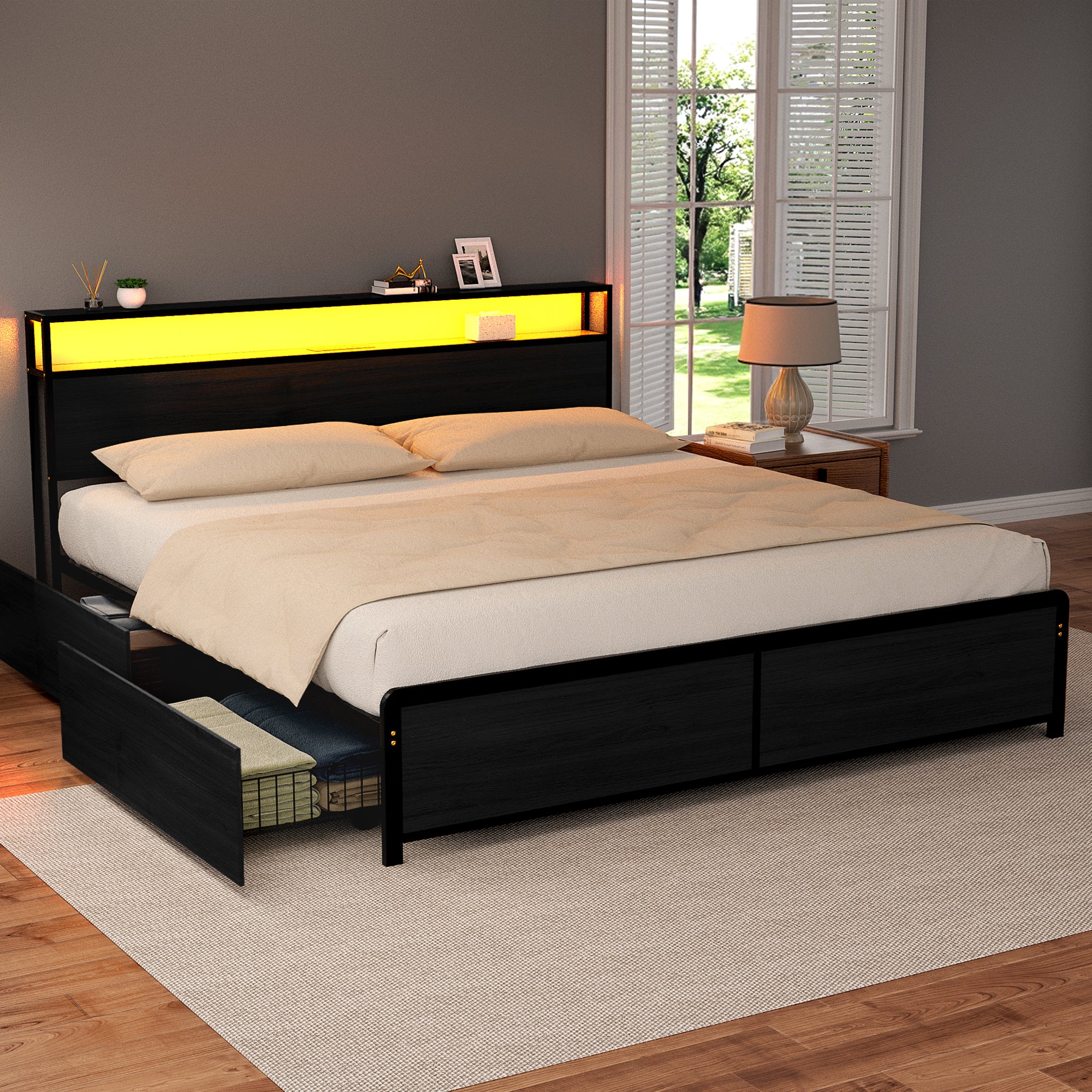 Artiss SKY Black King LED Storage Metal Bed Frame