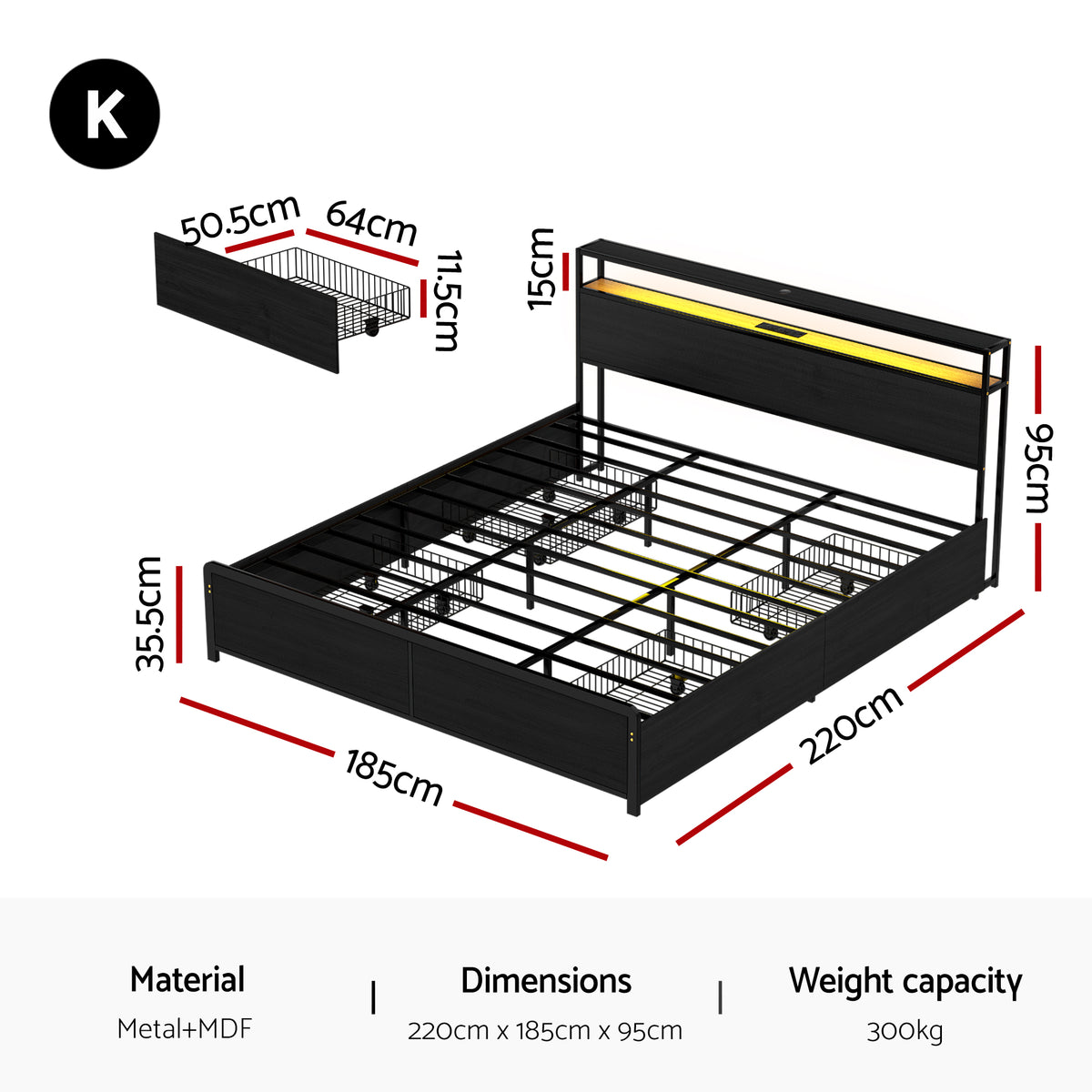 Artiss SKY Black King LED Storage Metal Bed Frame