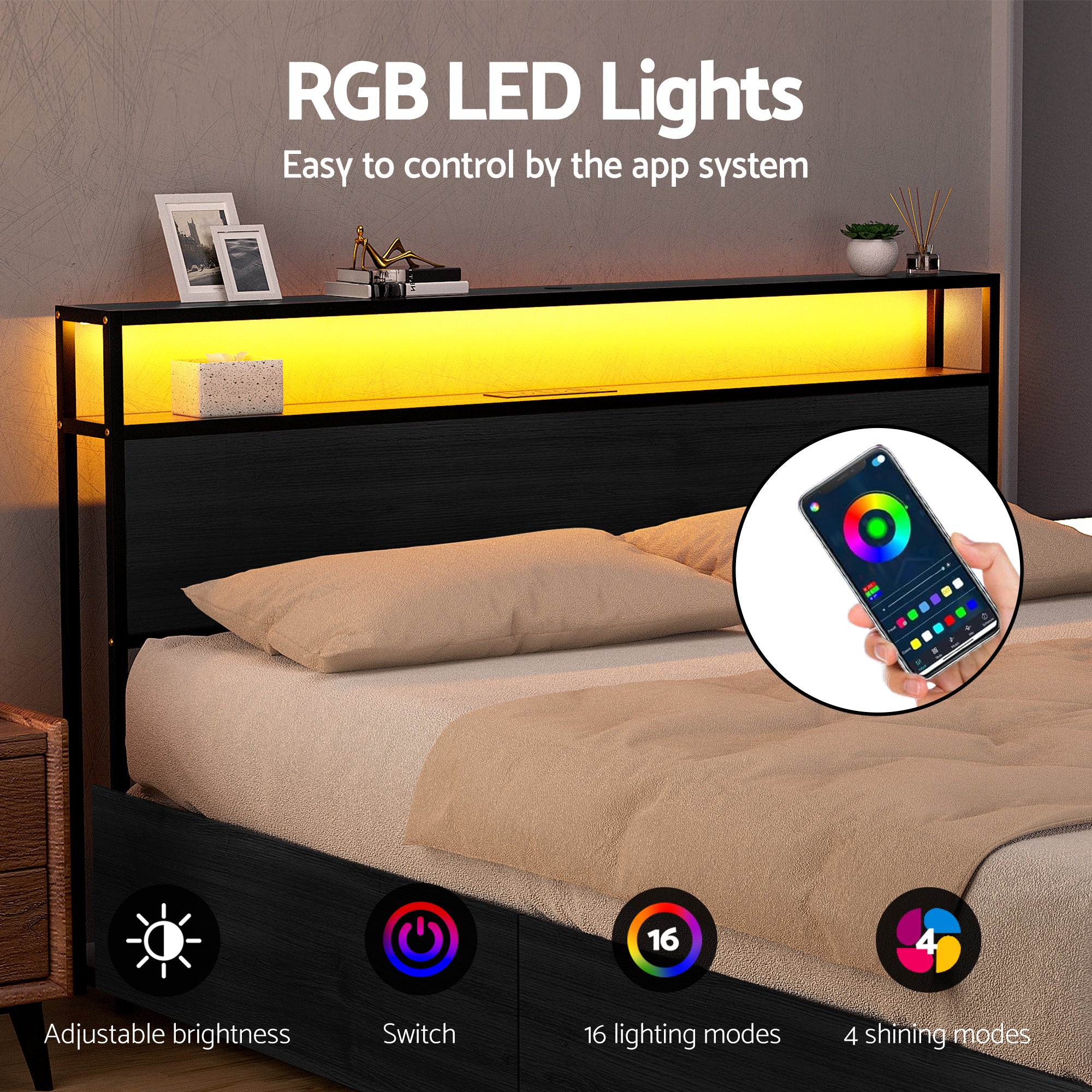 Artiss SKY Black King LED Storage Metal Bed Frame