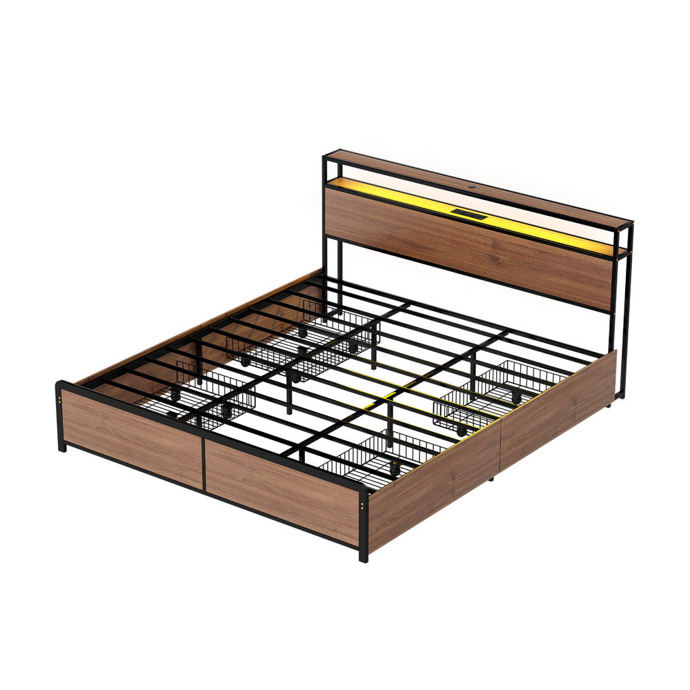 Artiss Metal Bed Frame King Size with 2-Tier Storage Headboard Metal Platform with 4 Storage Drawers Built in MBED-C-SKY-K-BK-ABC
