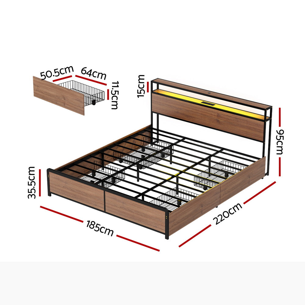 Artiss Metal Bed Frame King Size with 2-Tier Storage Headboard Metal Platform with 4 Storage Drawers Built in MBED-C-SKY-K-BK-ABC