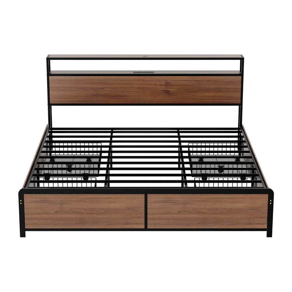 Artiss Metal Bed Frame King Size with 2-Tier Storage Headboard Metal Platform with 4 Storage Drawers Built in MBED-C-SKY-K-BK-ABC