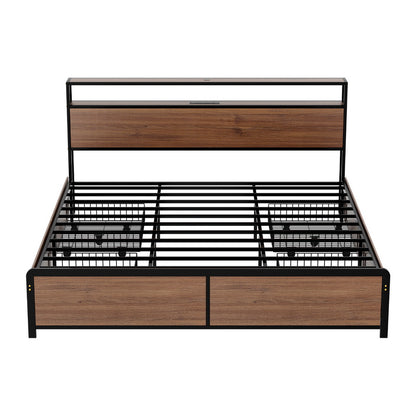 Artiss Metal Bed Frame King Size with 2-Tier Storage Headboard Metal Platform with 4 Storage Drawers Built in MBED-C-SKY-K-BK-ABC