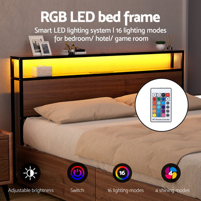 Artiss Metal Bed Frame King Size with 2-Tier Storage Headboard Metal Platform with 4 Storage Drawers Built in MBED-C-SKY-K-BK-ABC