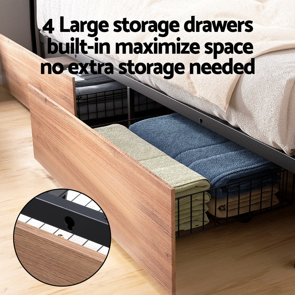 Artiss Metal Bed Frame King Size with 2-Tier Storage Headboard Metal Platform with 4 Storage Drawers Built in MBED-C-SKY-K-BK-ABC