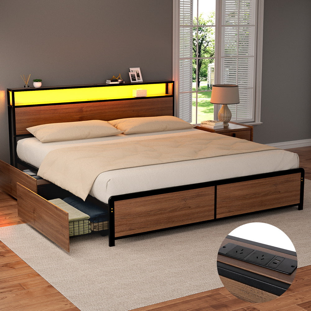 Artiss Metal Bed Frame King Size with 2-Tier Storage Headboard Metal Platform with 4 Storage Drawers Built in MBED-C-SKY-K-BK-ABC