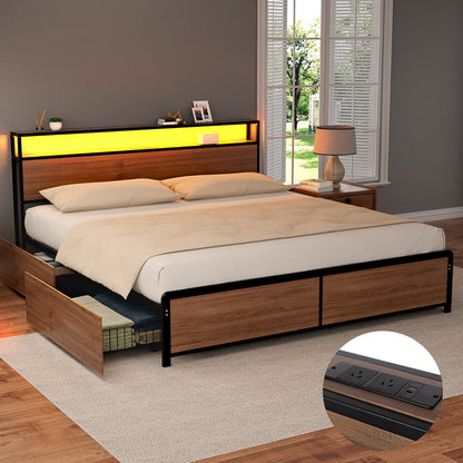 Artiss Metal Bed Frame King Size with 2-Tier Storage Headboard Metal Platform with 4 Storage Drawers Built in MBED-C-SKY-K-BK-ABC