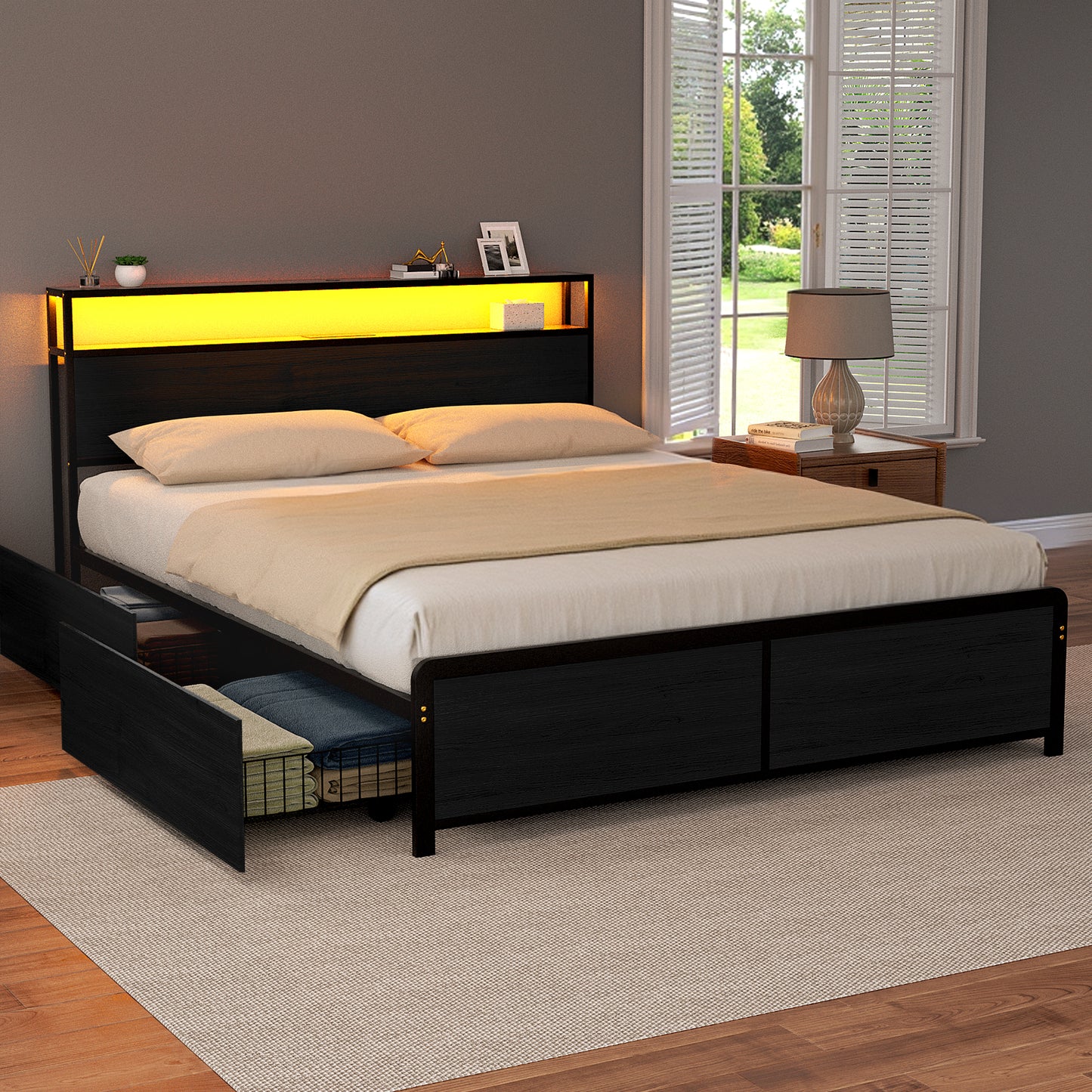 Artiss Metal Bed Frame Queen Size Storage Headboard Charge Station LED 4 Drawers MBED-C-SKY-Q-ALBK-ABC
