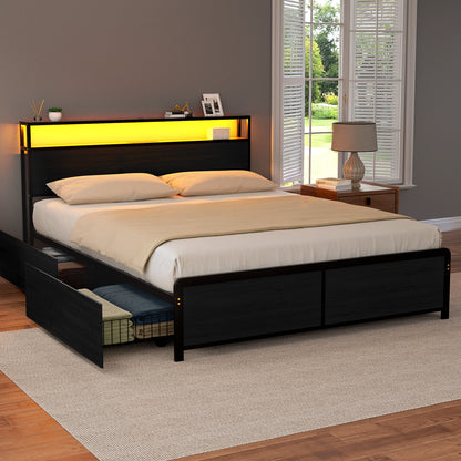 Artiss Metal Bed Frame Queen Size Storage Headboard Charge Station LED 4 Drawers MBED-C-SKY-Q-ALBK-ABC