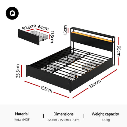 Artiss Metal Bed Frame Queen Size Storage Headboard Charge Station LED 4 Drawers MBED-C-SKY-Q-ALBK-ABC