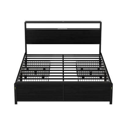 Artiss Metal Bed Frame Queen Size Storage Headboard Charge Station LED 4 Drawers MBED-C-SKY-Q-ALBK-ABC