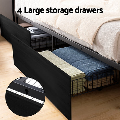 Artiss Metal Bed Frame Queen Size Storage Headboard Charge Station LED 4 Drawers MBED-C-SKY-Q-ALBK-ABC