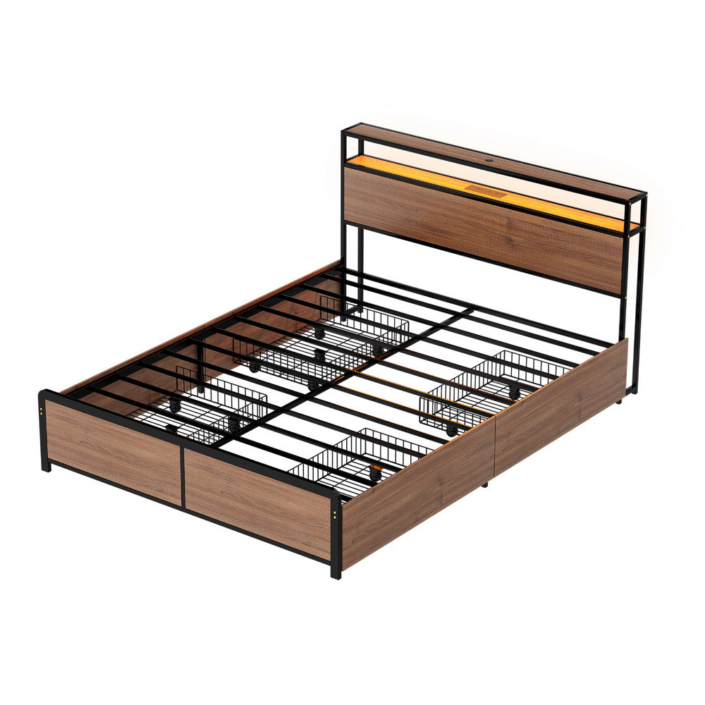 Artiss Metal Bed Frame Queen Size with 2-Tier Storage Headboard Metal Platform with 4 Storage Drawers Built MBED-C-SKY-Q-BK-ABC